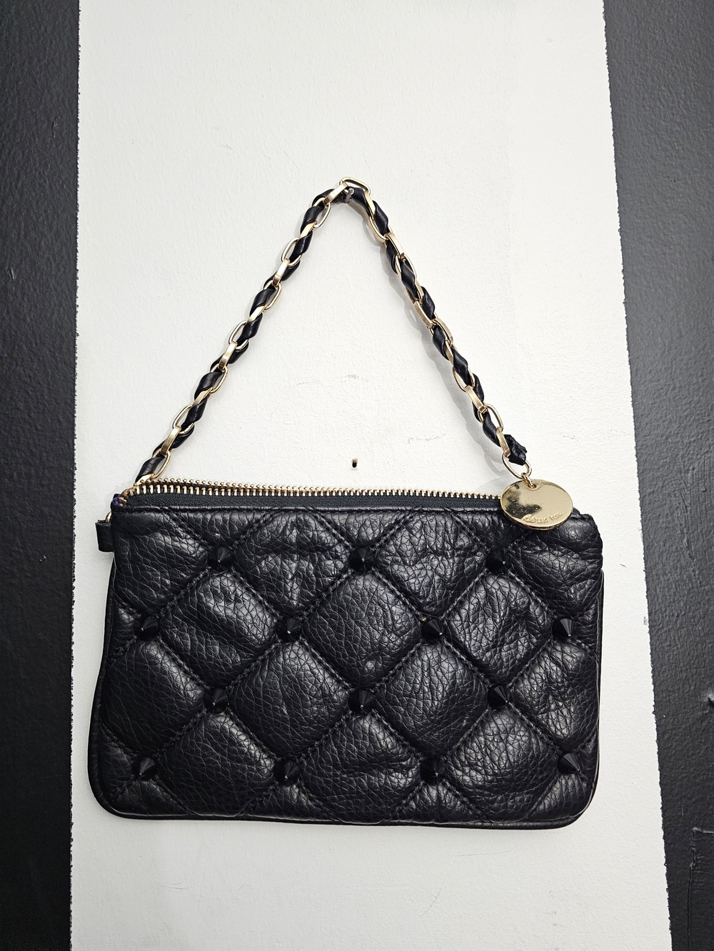 Deux Lux Spiked Black Quilted Leather Wristlet with Gold Chain